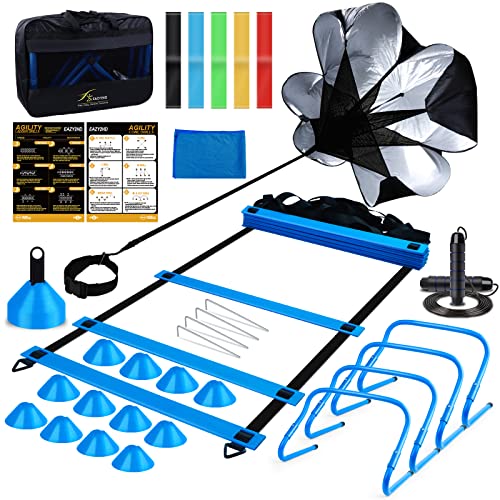 Speed & Agility Training Set - Blue - Ladder, Cones, Hurdles, Parachute & Workout Equipment