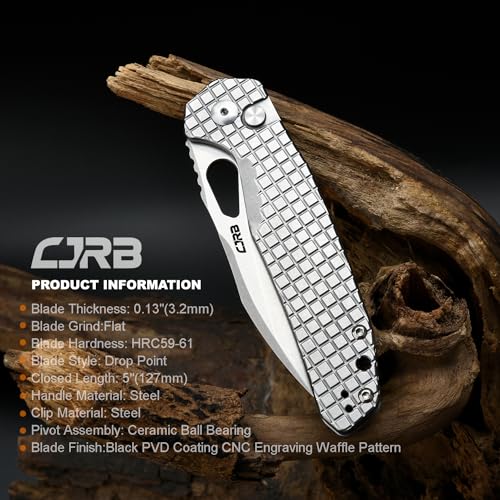 CJRB Frack Pocket Knife Stonewash/CNC, 3.9” AR-RPM9 Steel Blade, PVD Coating, Frag Pattern Handle, Locking EDC Knife for Outdoor Camping