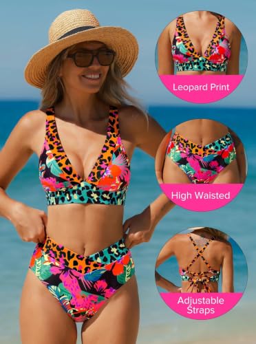 Popvil High Waisted Leopard Print Bikini Sets for Women - Medium