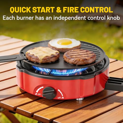 Red Foldable 2-Burner Propane Camping Stove with Piezo Ignition, Adjustable Burners & Carry Bag