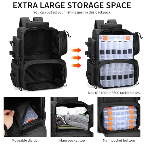 Fishing Tackle Backpack with Rod Holders & 4 Tackle Boxes - Black, 1600D Nylon