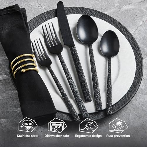 Black 20-Piece Hammered Silverware Set for 4 - 18/10 Stainless Steel Flatware