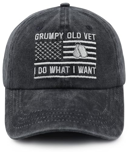 Grumpy Old Vet Hat for Men - USA Flag Veteran Baseball Cap, One Size, Black
