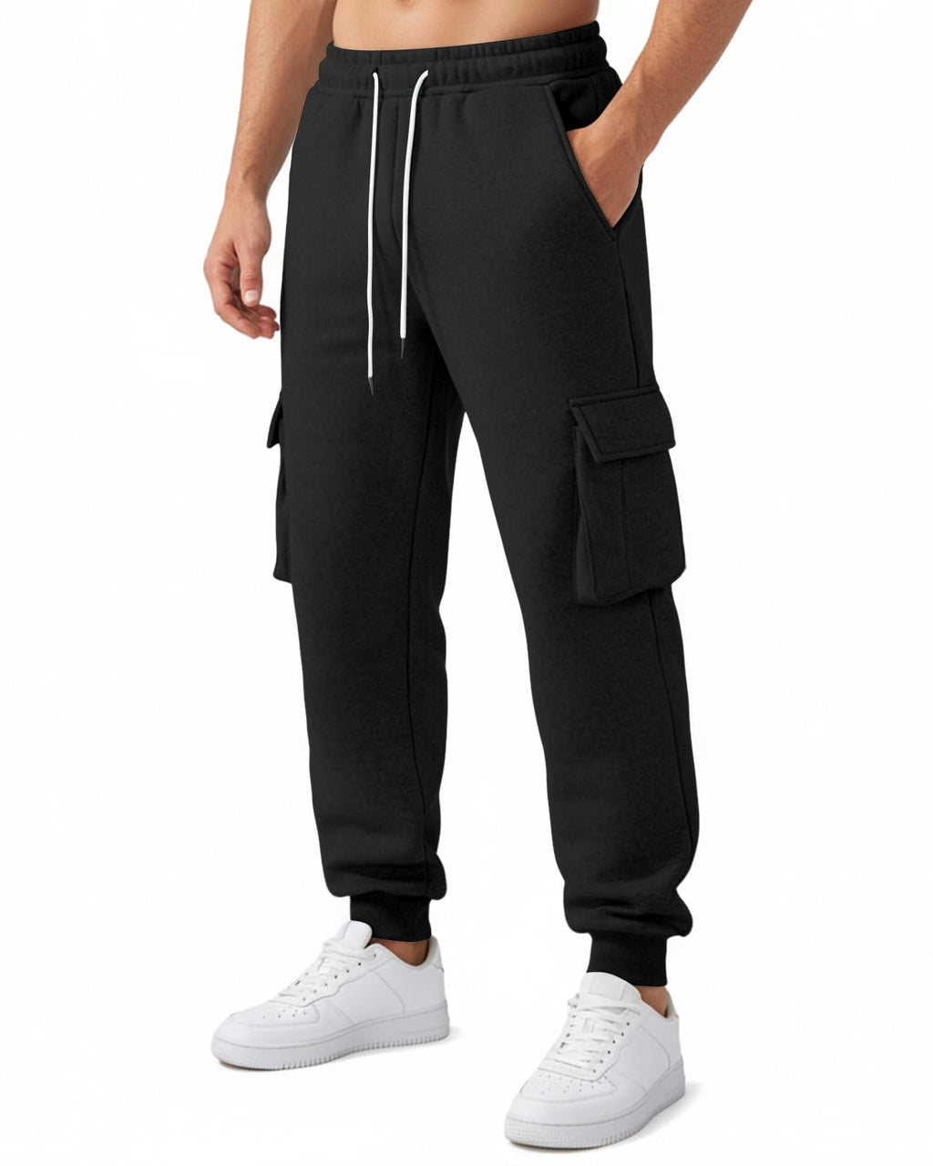 Wangdo Mens Cargo Sweatpants Heavyweight Elastic Waist Fleece Lined Joggers for Men with Pockets Baggy Drawstring Track Pants Black