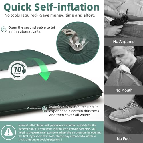 INVOKER Green Self-Inflating Camping Sleeping Pad 75 x 24 x 3.15 in