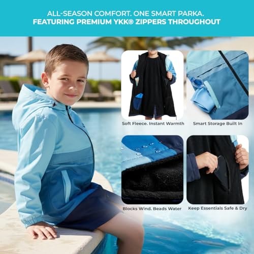 Delfina Kids Swim Parka for Ages 9-14, Water-Resistant Unisex Youth Jacket with Removable Sleeves & Hood, Blue