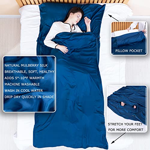 EXERMIL Navy Blue Silk Sleep Sack with Zippers - Large Travel & Camping Sheet, 87x43 inches, All Seasons, Unzips to Bed Sheet, Lightweight