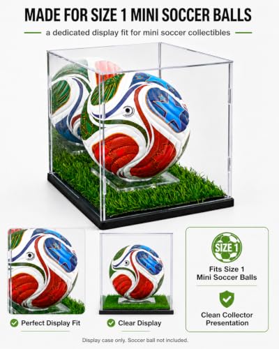 Acrylic Mini Soccer Ball Display Case with Mirror Back & Turf Base - 7.5"Lx7.5"Wx7.9"H, Variation of Acrylic Case for Mini Soccer