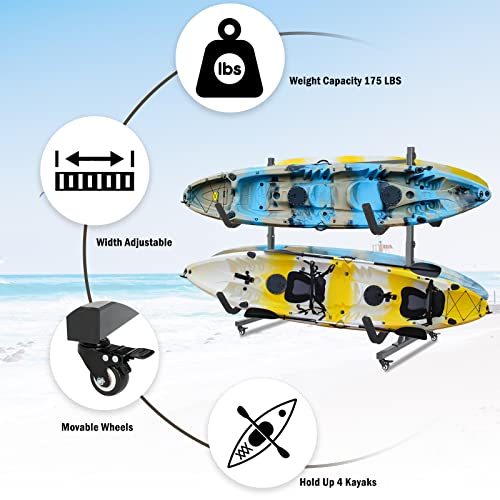 Bonnlo 4-Kayak Freestanding Storage Rack with Lockable Wheels & Adjustable Width