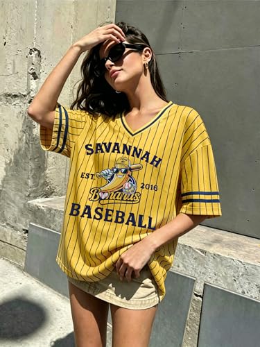 Women’s Baseball Jersey Funny Banana Shirt Stripe V-Neck Short Sleeve Tee Medium Yellow 1