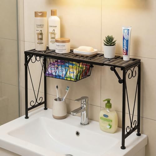 MyGift Black Expandable Over Sink Shelf with Pull-Out Mesh Drawer - Adjustable Kitchen Organizer