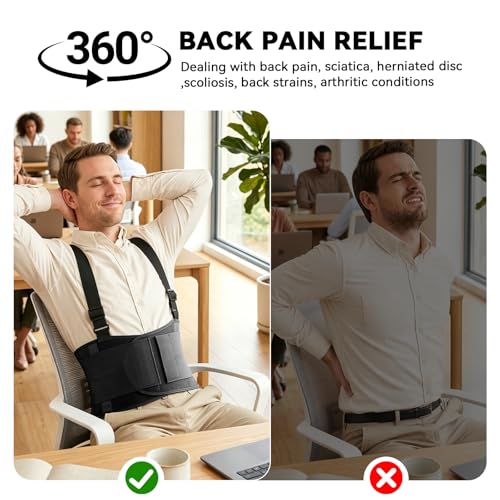 Work Back Brace for Men & Women, Adjustable Lower Back Support Belt - Black, Large