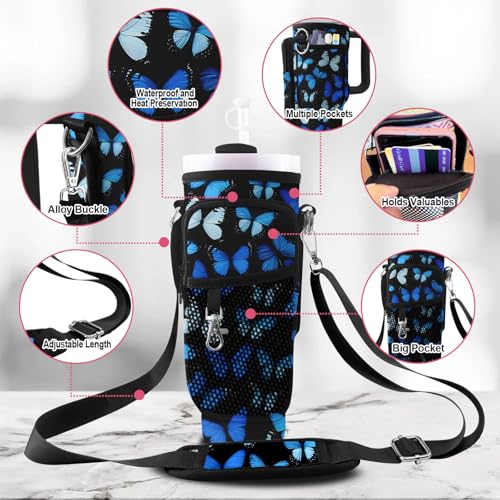 Blue Butterfly Neoprene Water Bottle Carrier for Stanley 30oz/40oz with Phone & Adjustable Strap