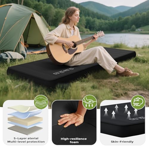 Widened Self-Inflating Camping Sleeping Pad 4in Foam Support with Pump Sack - Black