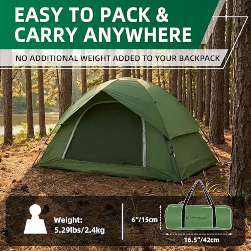 Green Waterproof 2-Person Camping Tent - Easy Setup Backpacking Tent