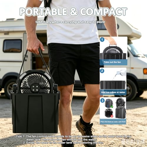 Brightpik Black Portable Misting Fan with 6L Bucket, 20,000mAh Battery, Stepless Speed, Timer & Rotating Hook