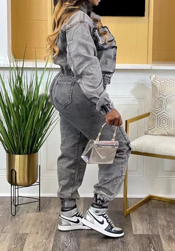 Grey Large Denim 2-Piece Women's Jean Outfit Set Cargo Y2K Streetwear