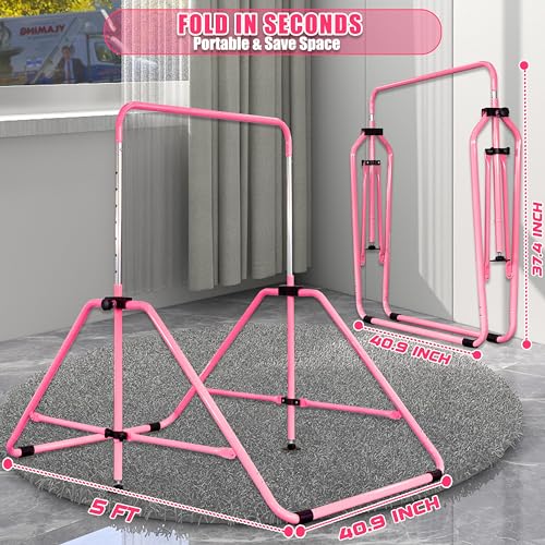 Foldable Gymnastic Bar for Kids 3-12, Adjustable Kip Bar with Mat, Pink Variation