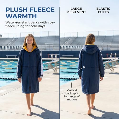 Sporti Youth Swim Parka with Striped Plush Fleece Lining - Royal Blue/Charcoal, Small