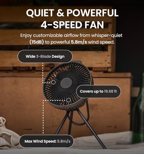 Rechargeable Portable Fan V600+ Warm Gray with 7800mAh Battery, 4-Speed, USB-C, Tripod Mount, Quiet Indoor & Outdoor Use