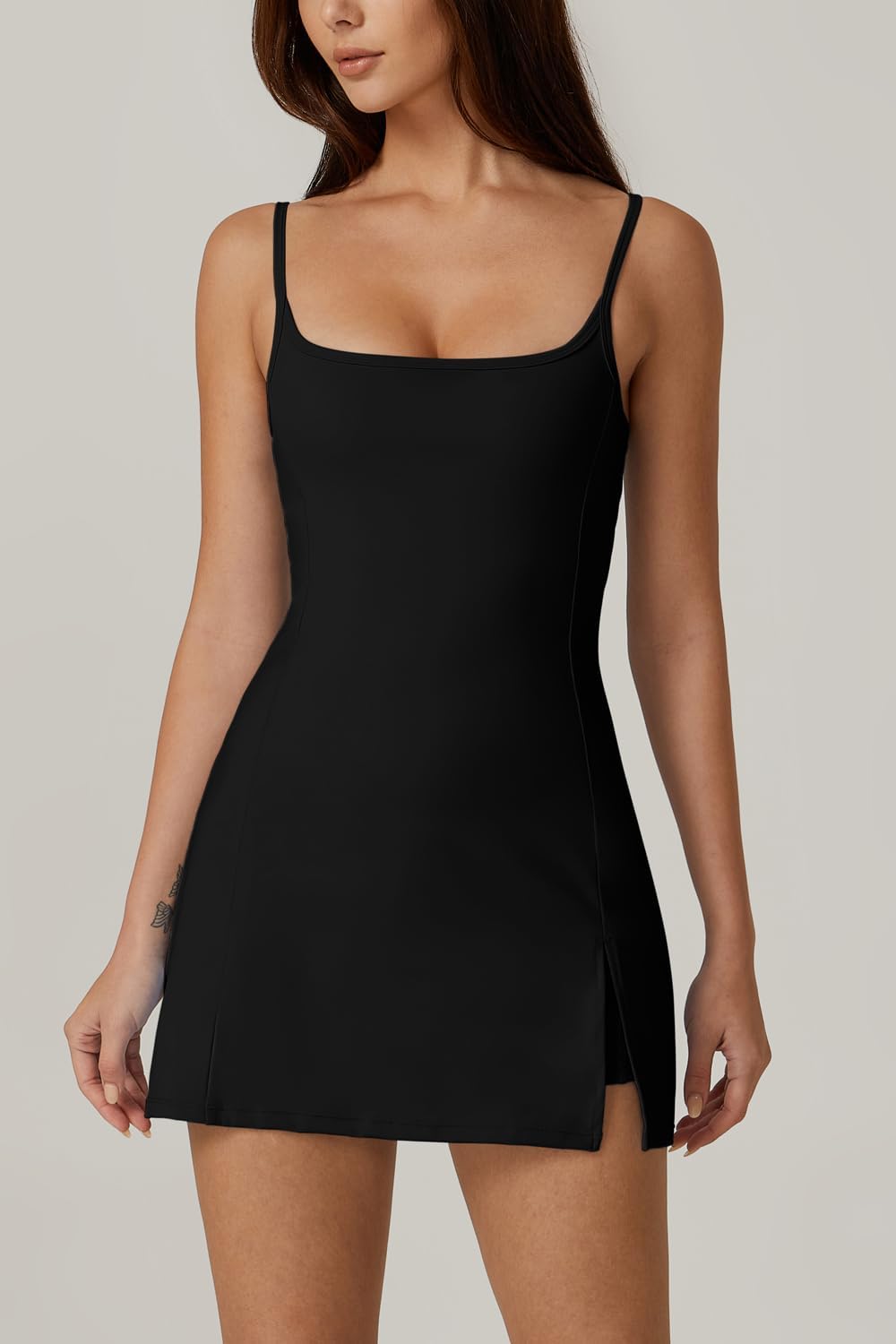 QINSEN Women's Spaghetti Strap Tennis Dress - Comfortable Workout Dress with Shorts & Side Slit
