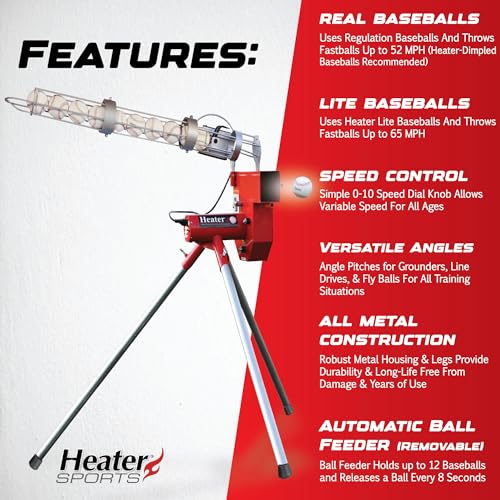 Heater Heavy-Duty Baseball Pitching Machine with Adjustable Speed & Bonus Ball Feeder