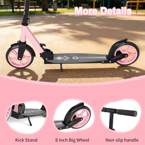 Pink Kids & Teen Foldable Kick Scooter - Lightweight 9.5 lbs, 8-Inch PU Wheels, Adjustable Height, Supports 240 lbs