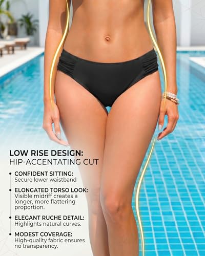 Women's Ruched Low Rise Full Coverage Bikini Bottoms - Small Black