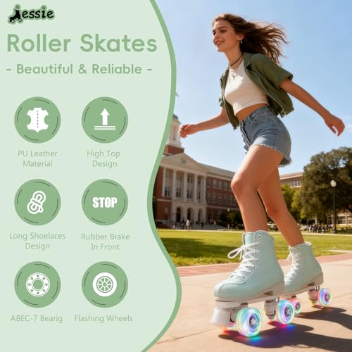 jessie Outdoor Roller Skates Women Adult with Light-Up Wheels, High Top PU Leather Skates with ABEC-7 Bearings for Indoor/Outdoor Skating, Ideal for Beginners(Green White, 39-24.5cm/9.55in)