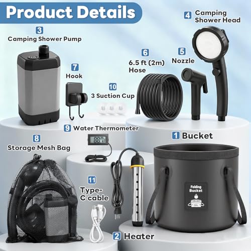 Black Portable Camping Shower with Heater 1500W, 3 Spray Modes & Rechargeable Pump