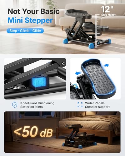 Mini Stepper Exercise Machine with Large Stride & Resistance Bands - Black & Blue