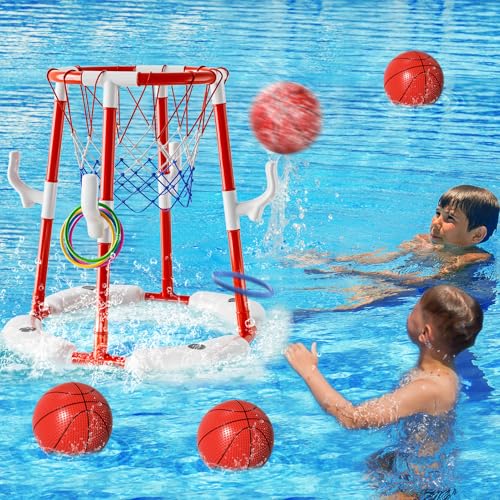 Red Pool Basketball Hoop Toys for Kids and Adults - 2-in-1 Floating Water Game Set with Rings & Balls