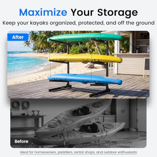 3-Level Kayak Storage Rack, Freestanding Steel Stand for Garage