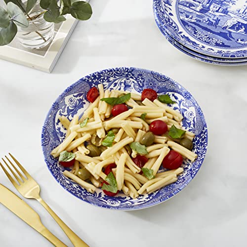 Spode Blue Italian Pasta Bowls Set of 4, 9-Inch Earthenware Serving Bowls with Oriental Border