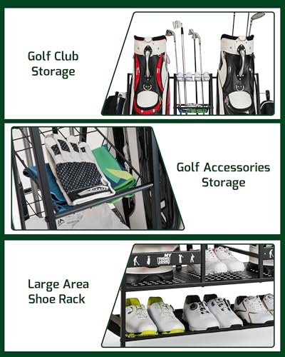 Mythinglogic 2-Bag Golf Organizer with Club, Shoe & Accessories Storage - Versatile Golf Equipment Rack