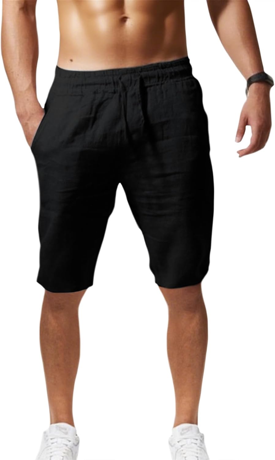 Skiennix Linen Shorts for Men - Lightweight Solid Color Beach Shorts with Elastic Waist & Drawstring
