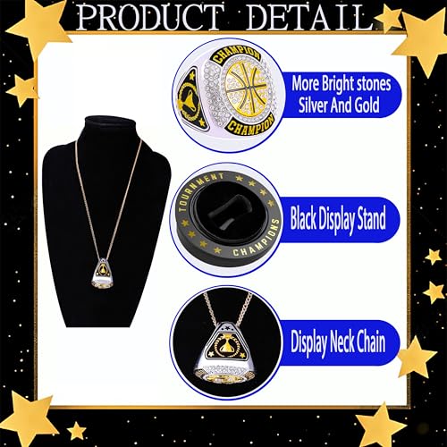 Gold 12 Pcs Basketball Championship Rings with Chains & Display Stand - Tournament Award Trophy Gift