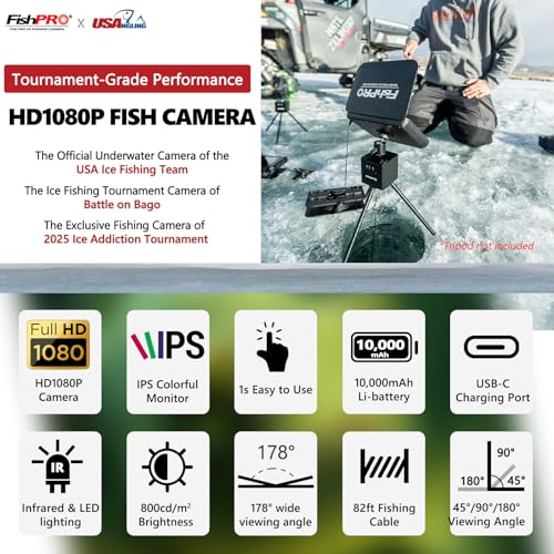 FishPRO HD 1080P Underwater Fishing Camera 7'' IPS Screen - Black, 10,000mAh Battery