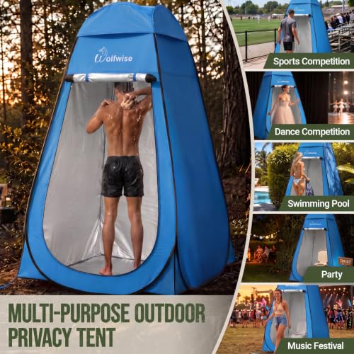 WolfWise PRO Pop Up Shower Tent with Silver Coating, Floor & Rain Fly - Blue, Tall 6'7"
