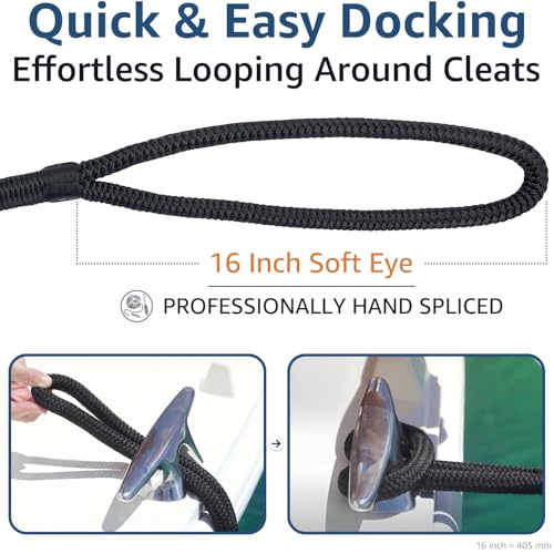PACTHSD 2 Pack 5/8" x 50' Double Braided Nylon Boat Dock Lines with 16" Eyelet, Marine-Grade Rope for Secure Docking