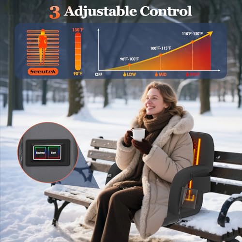 Seeutek Black Heated Stadium Seat with Back Support, 21-Inch, 2-Pack, Portable & Foldable