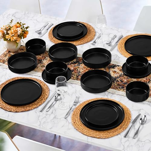 Herogo Matte Black Dinnerware Set for 6 - 24 Piece Stoneware Plates, Bowls & Pasta Bowls