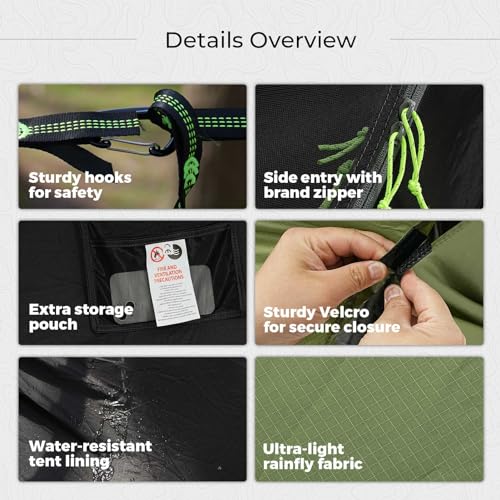 Rivenlo Green Camping Hammock Tent with Mosquito Net & Rainfly – 3-in-1 Lightweight Waterproof Outdoor Gear