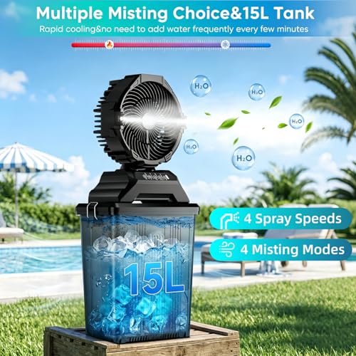 Hasealam Black Portable Misting Fan with Remote, 70H Run Time & 15L Water Tank