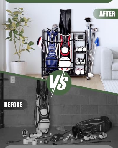 Logicexplore 2 Golf Bag Storage Organizer Rack with Rolling Wheels - Heavy-Duty Metal Garage Golf Gear Holder
