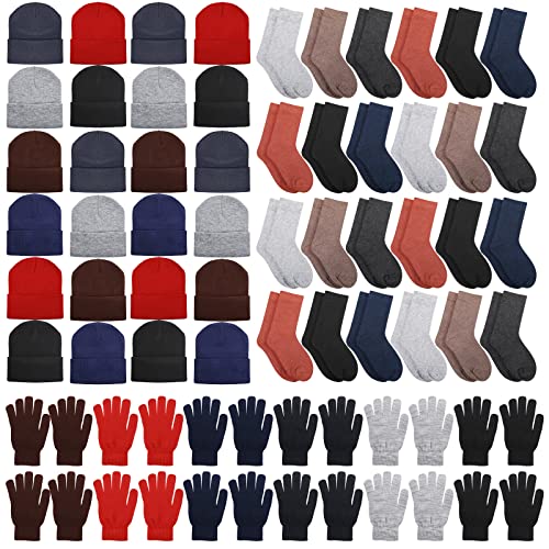 Hillban Classic Colors Beanie Hat Gloves Socks Bulk Warm Winter Set for Homeless - 72 Pieces