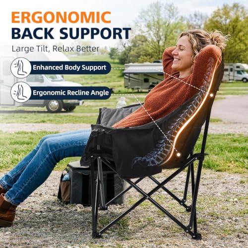 Oversized Heavy Duty Camping Chair with Cooler Bag & Padded Seat - Black, Non-Heating