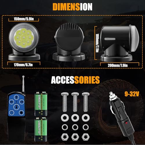 Remote LED Search Light for Trucks and Boats - Black 6000K 45W 4500LM