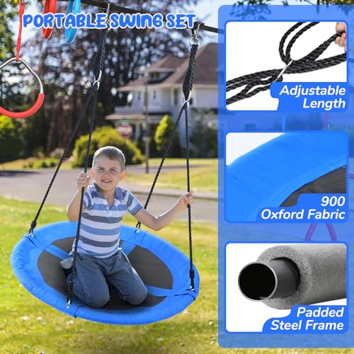Ninja Warrior Obstacle Course for Kids - 65 ft with Saucer Tree Swing - Blue