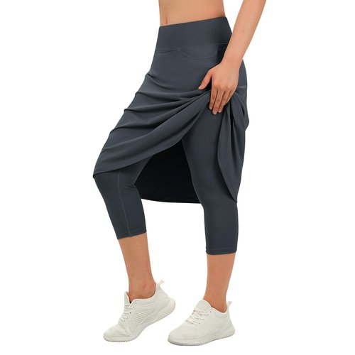 beroy Skirt with Capri Leggings for Woman Modest Workout Knee Length Skorts with Pockets Athletic Golf Tennis Yoga Skirts Grey XL